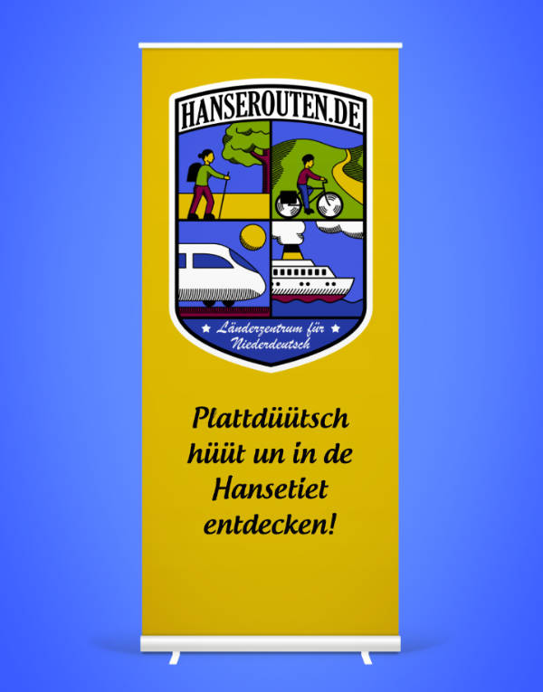 Rollup-Banner mit einem aufwändigen Wappen, erstelle von einem professionellen Grafikdesigner